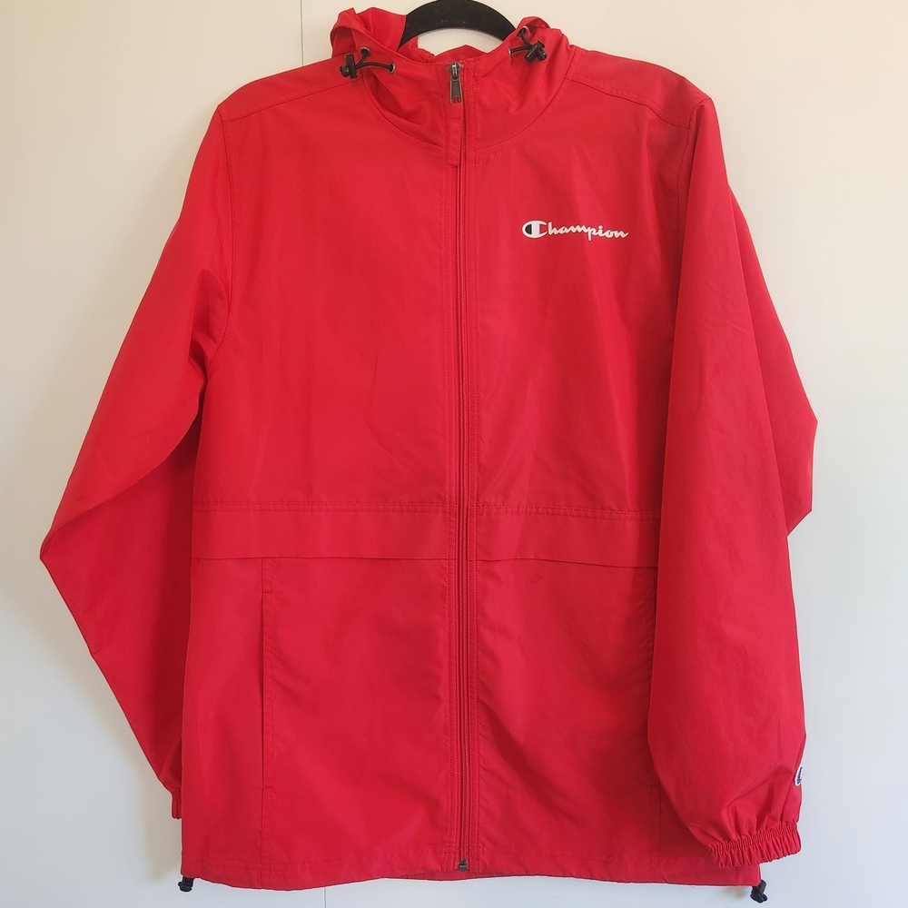 Champion Red Windbreaker Jacket Unisex Small Full Zip Hoodie Raincoat